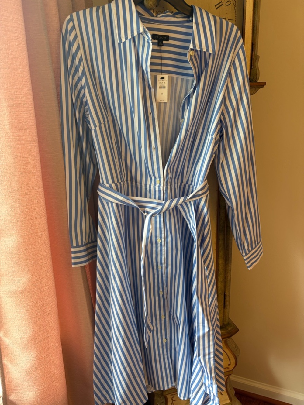 Blue & White Striped Shirt Dress with Waist Tie